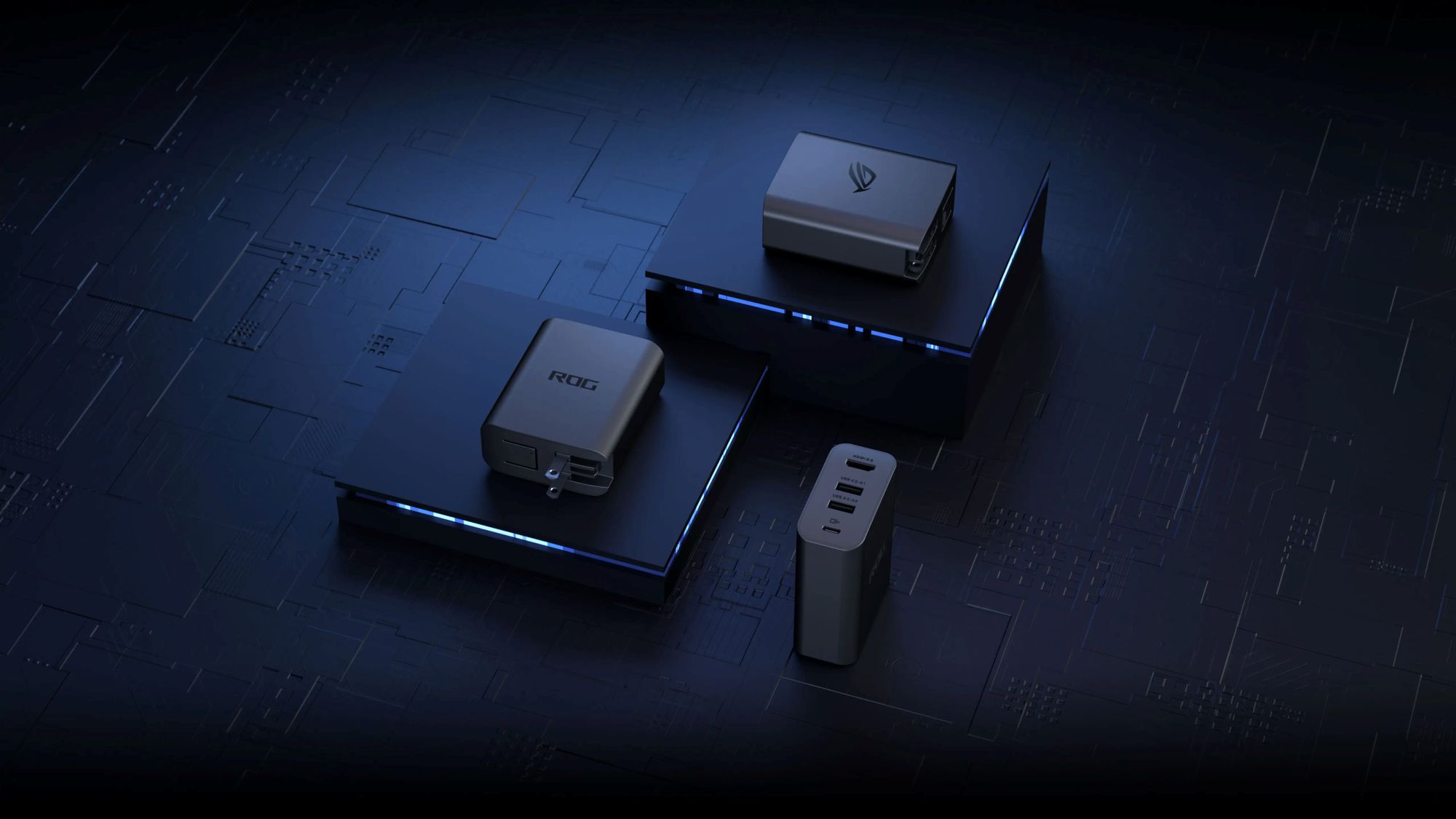 ROG 100W Gaming Charger Dock against a cool black background.