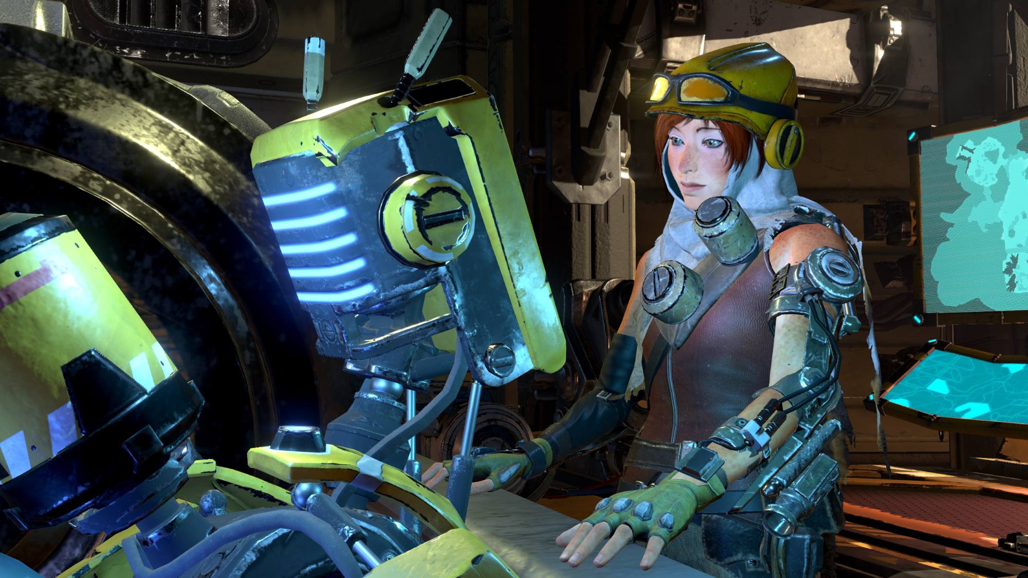 ReCore's protagonist interacting with her robot dog.