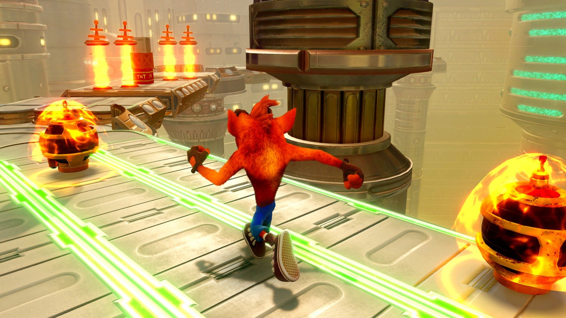 Crash Bandicoot running between green lasers on a narrow walkway.