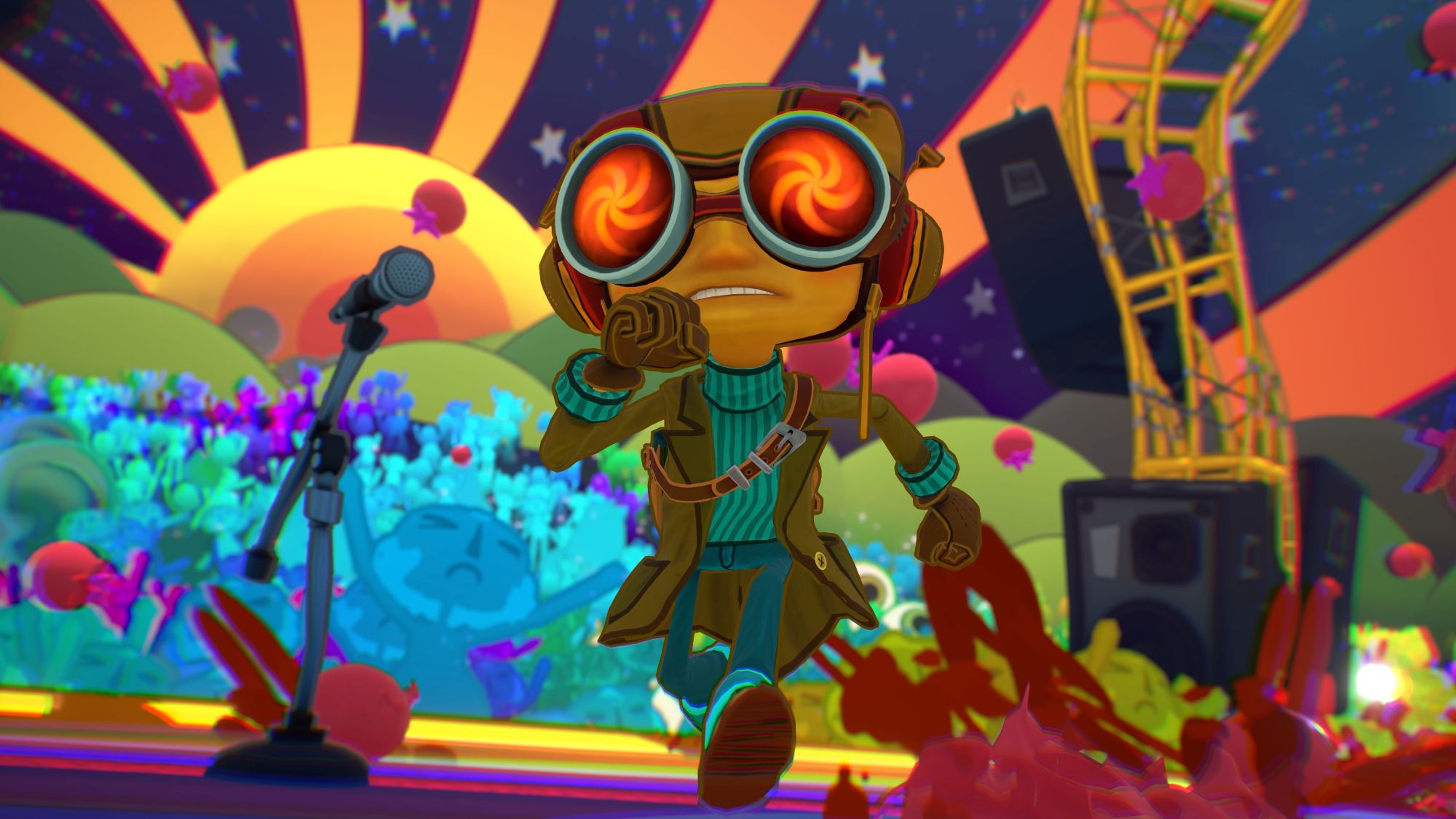 Psychonauts' protagonist running around a zany, colorful stage.