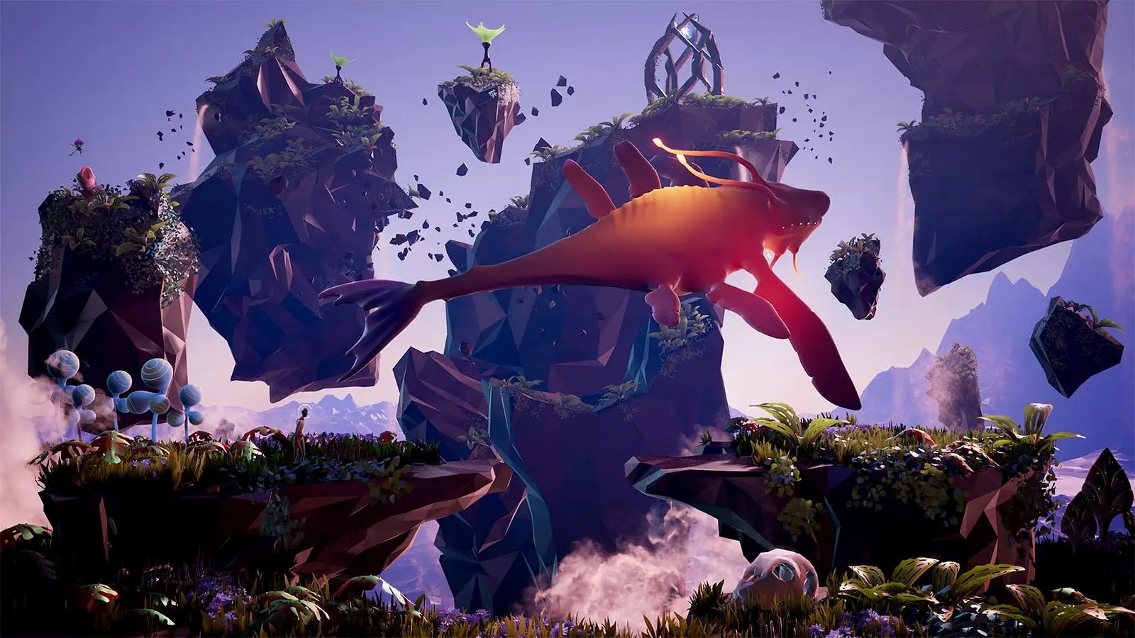 Planet Alpha's purple flying whales and rocks.