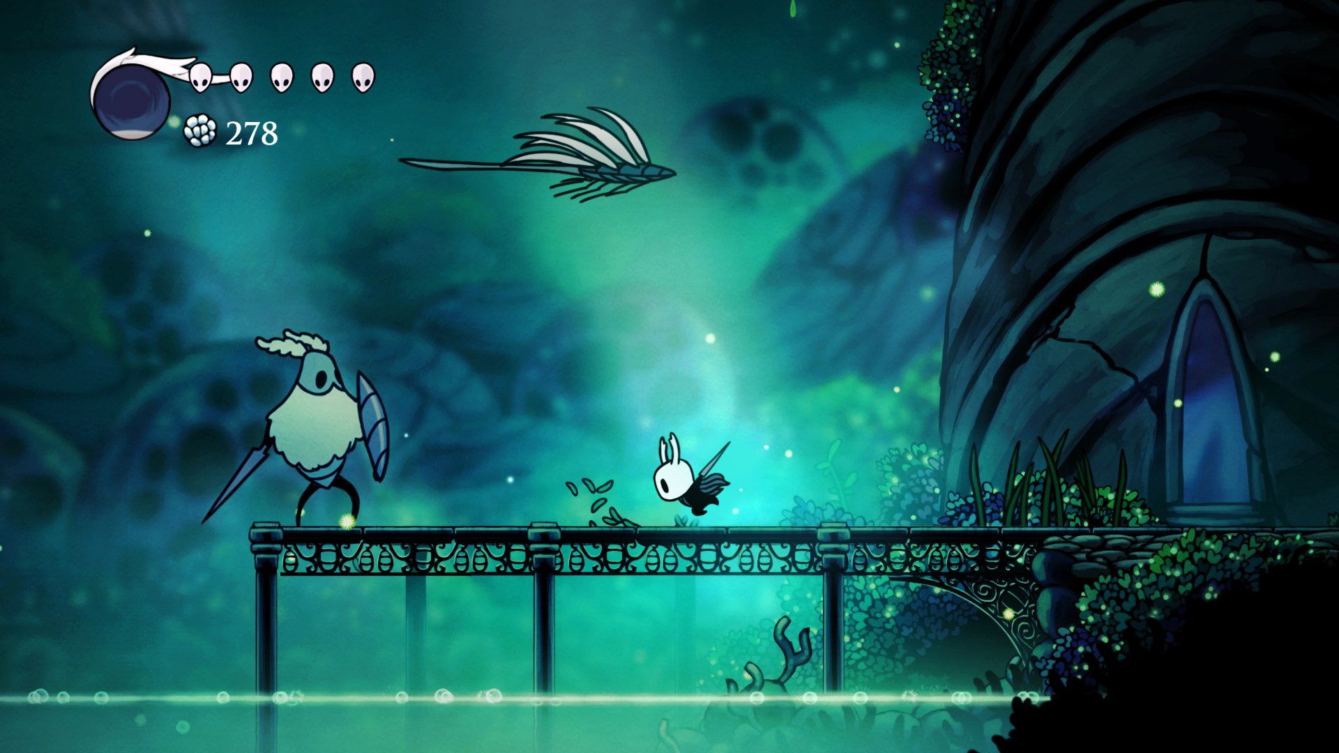 Hollow Knight charges toward an enemy in a swamp area.