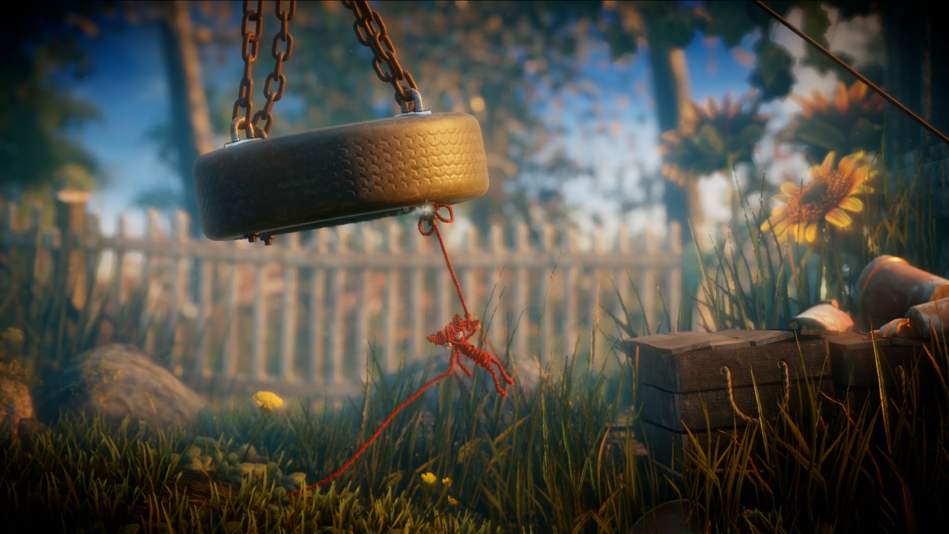 Yarny swings across a tire swing in his quest to escape the front yard.