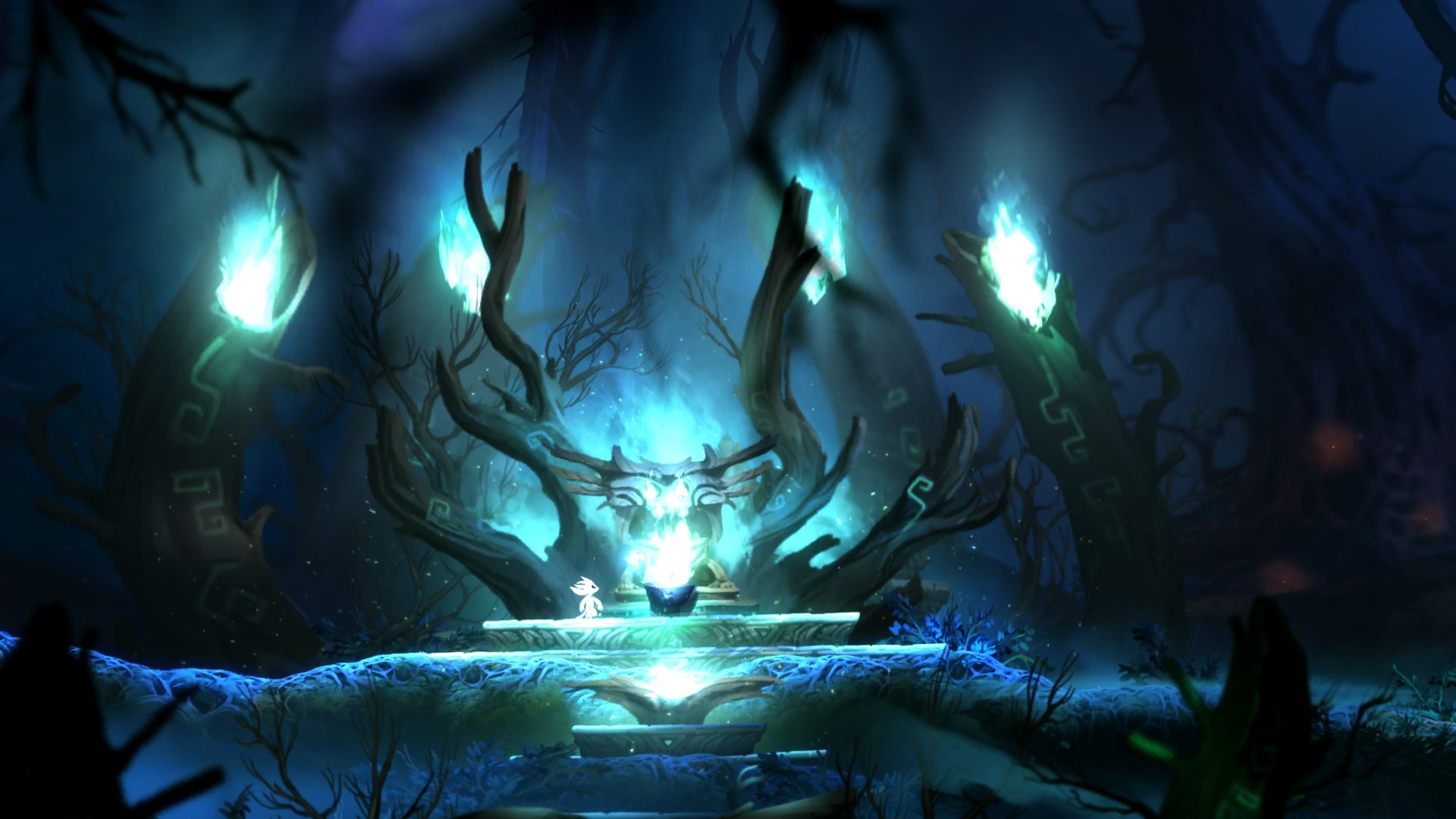 Ori reaches an altar in a possessed, spooky forest.