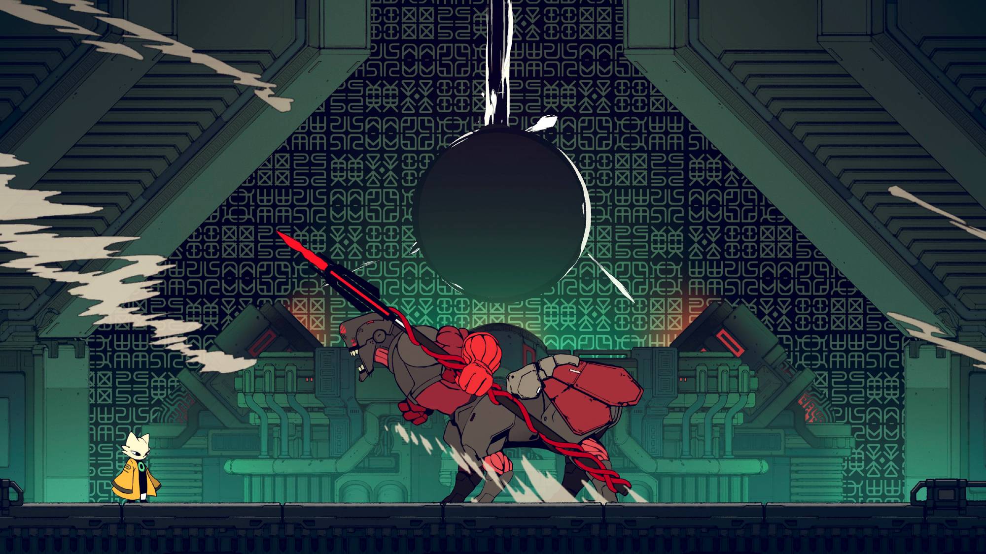 Nine Sols gameplay featuring the protagonist facing off against a cyborg boss in an underground tomb.