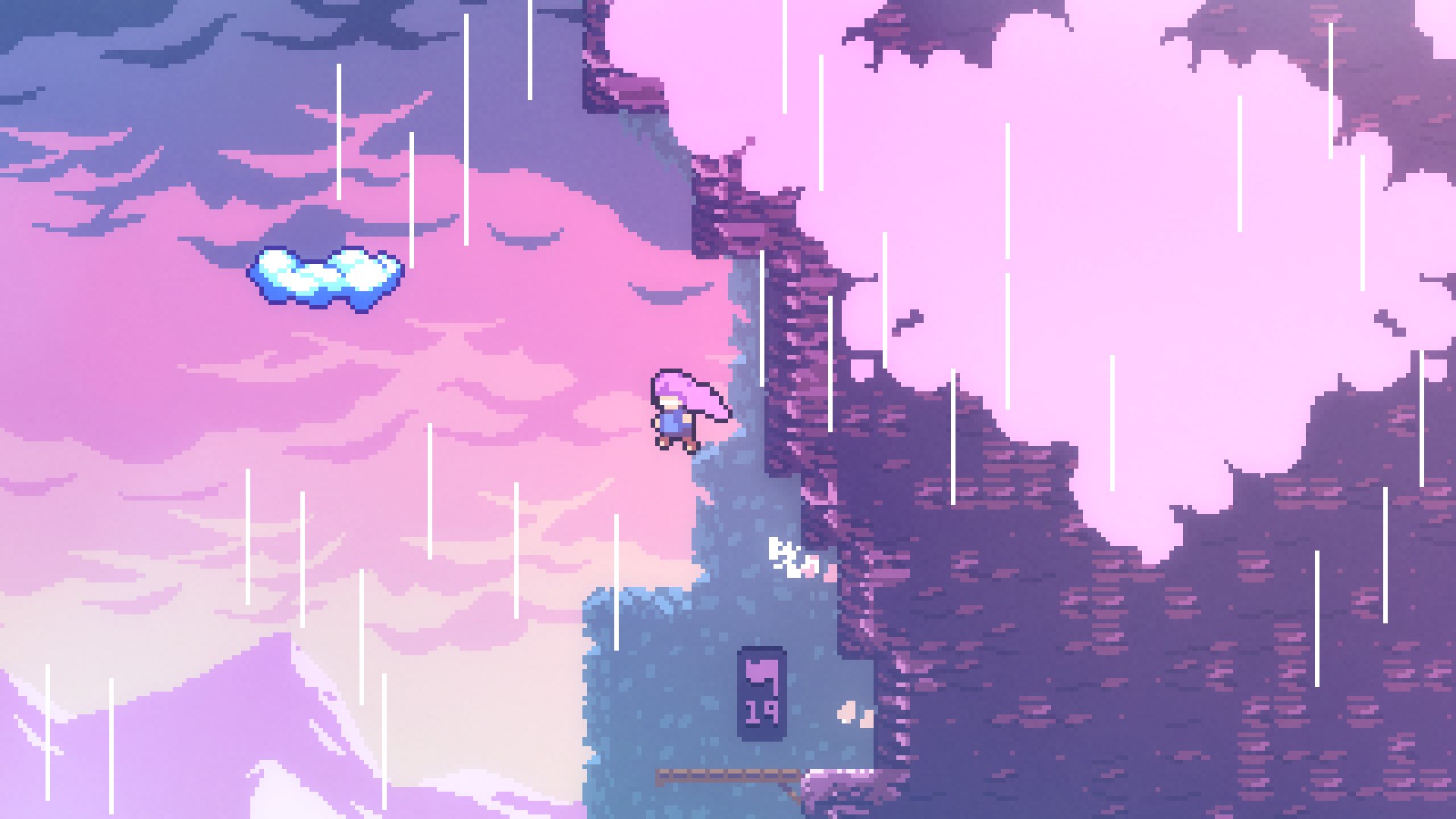 The protagonist of Celeste climbs up the side of a pink, rainy mountain.