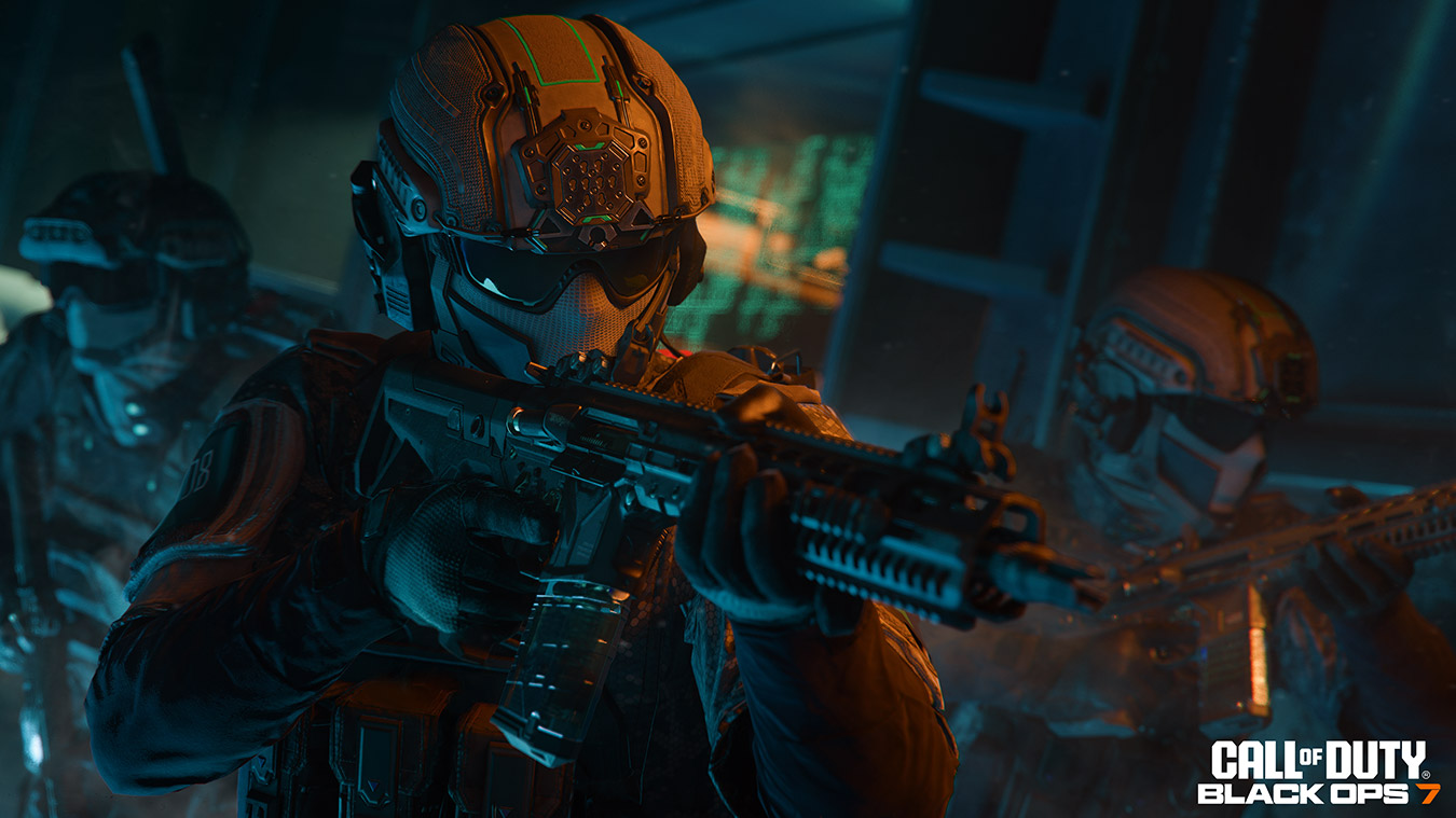 Armored, masked soldiers move down a corridor in Call of Duty Black Ops 7.