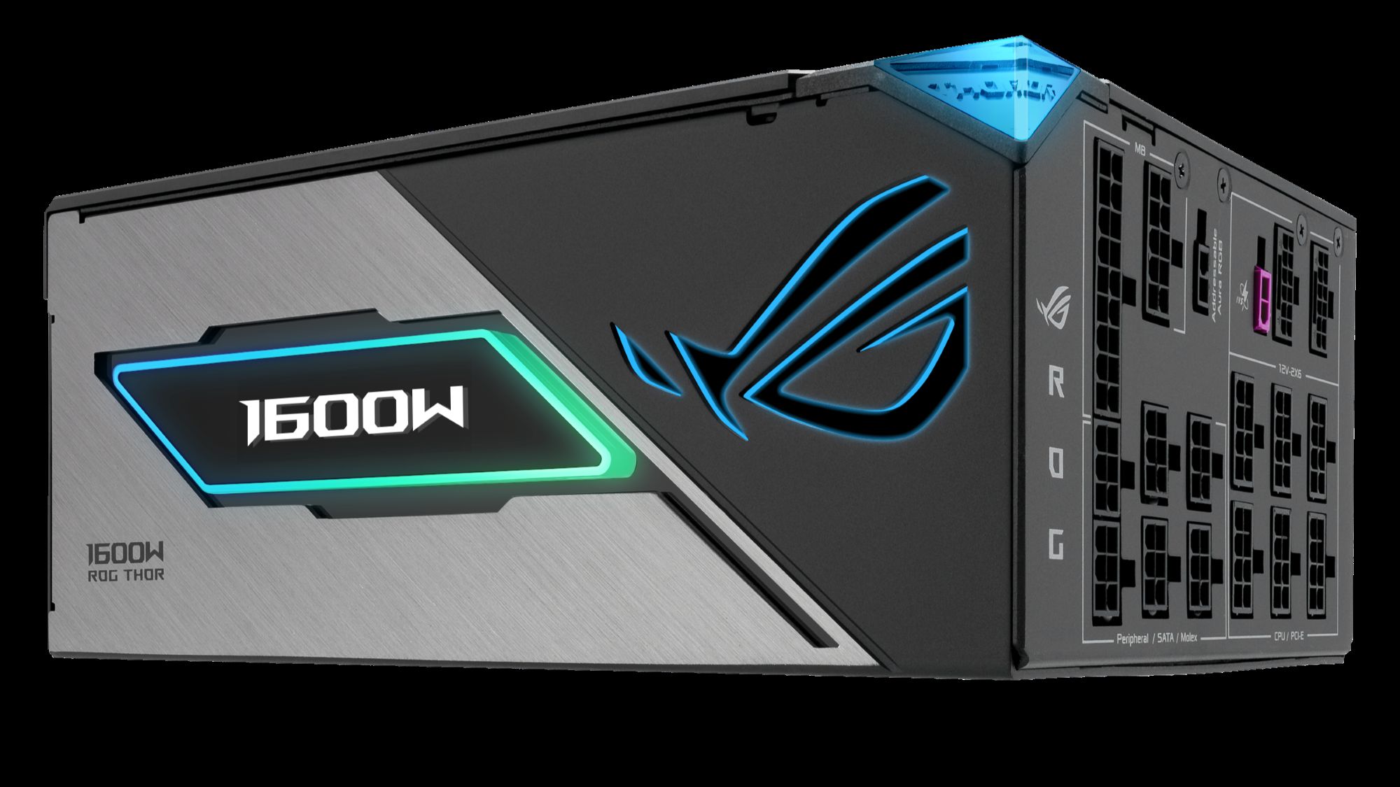Ein ROG Thor III 1600W PC-Netzteil in der schrägen Frontansicht