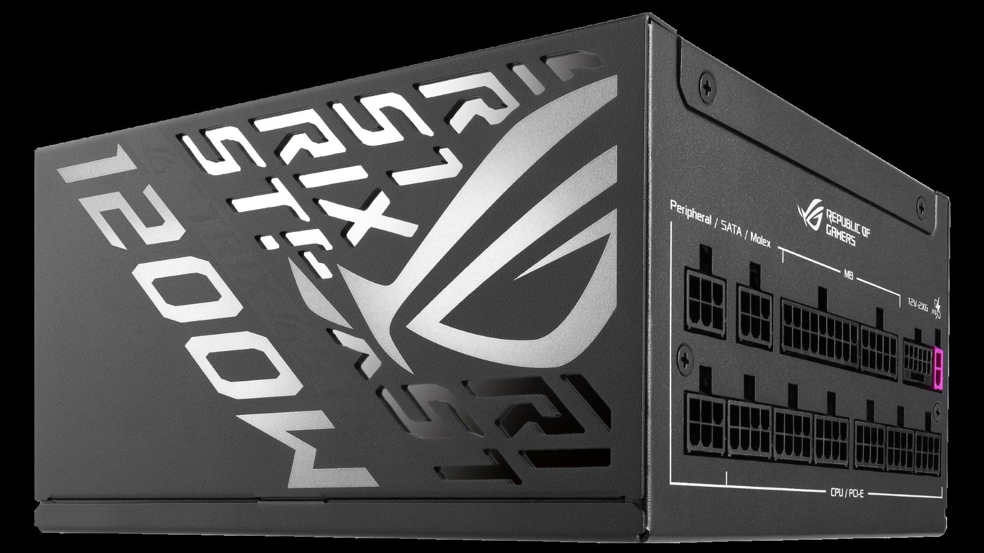 Ein ROG Strix PC-Netzteil in der schrägen Frontansicht