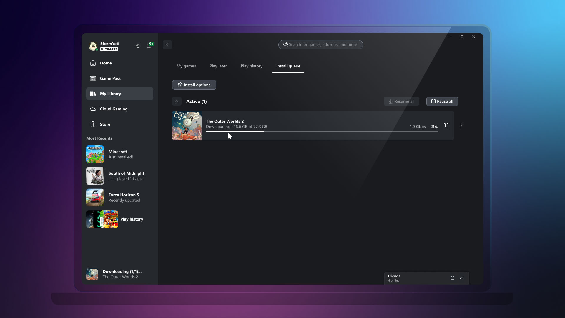 The Xbox app downloading a game.