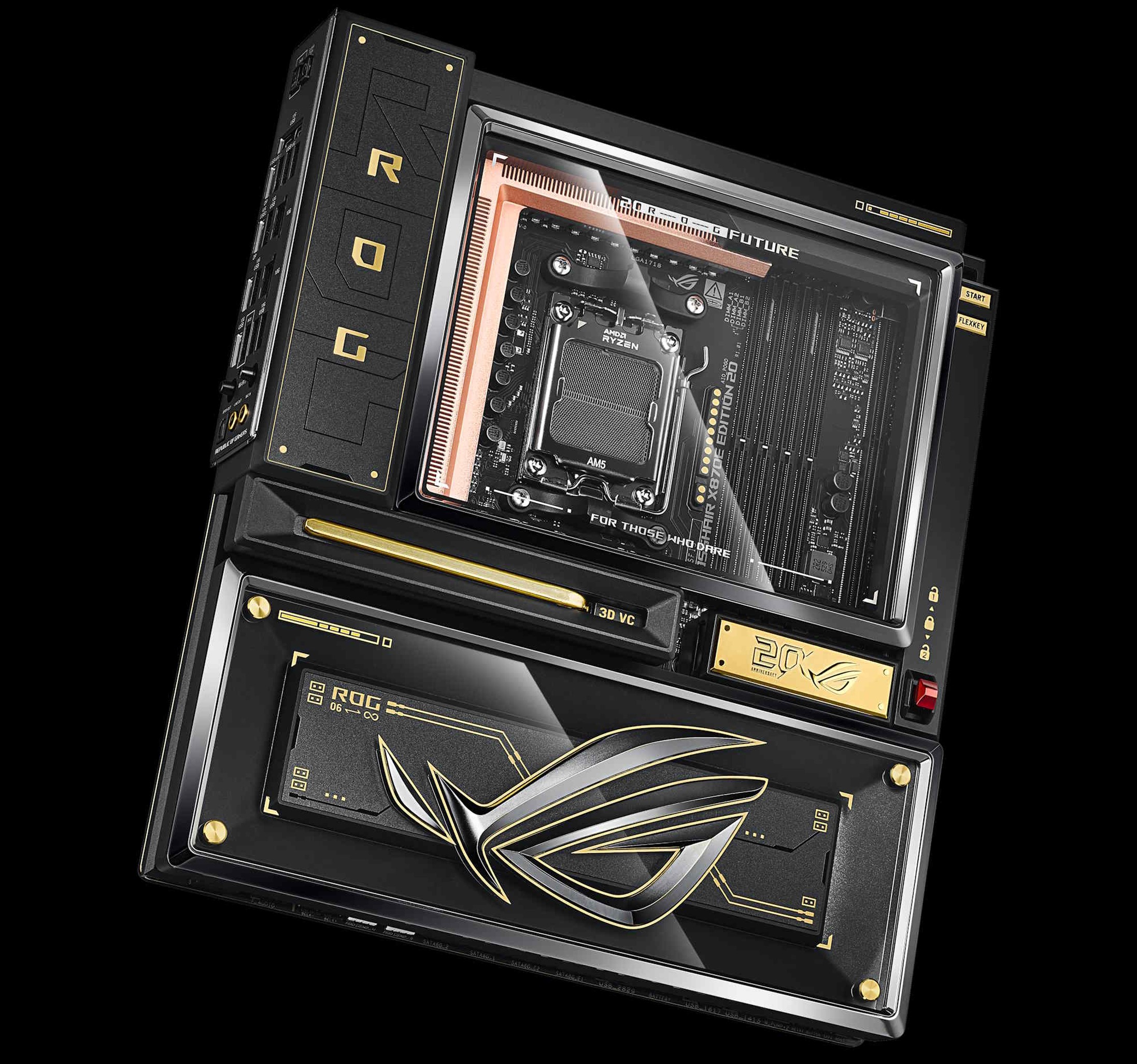 Das ROG Crosshair X870E Edition 20 mit frontaler und leicht schräger Sicht darauf