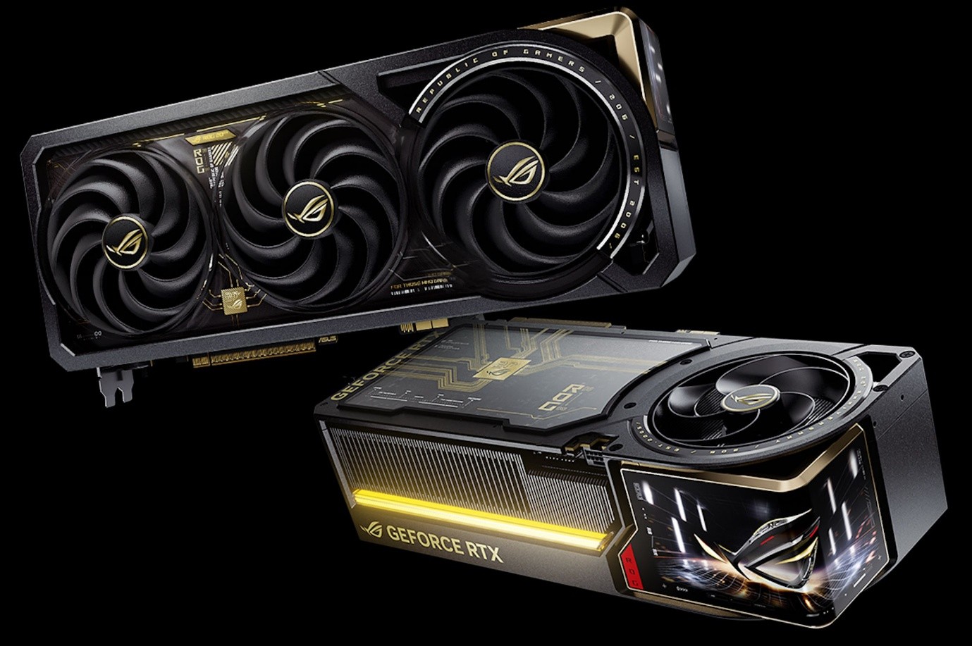 Zwei ROG Astral GeForce RTX 5090 Edition 20 übereinander - einmal mit Blick auf die Lüfter und einmal mit Blick auf das Display