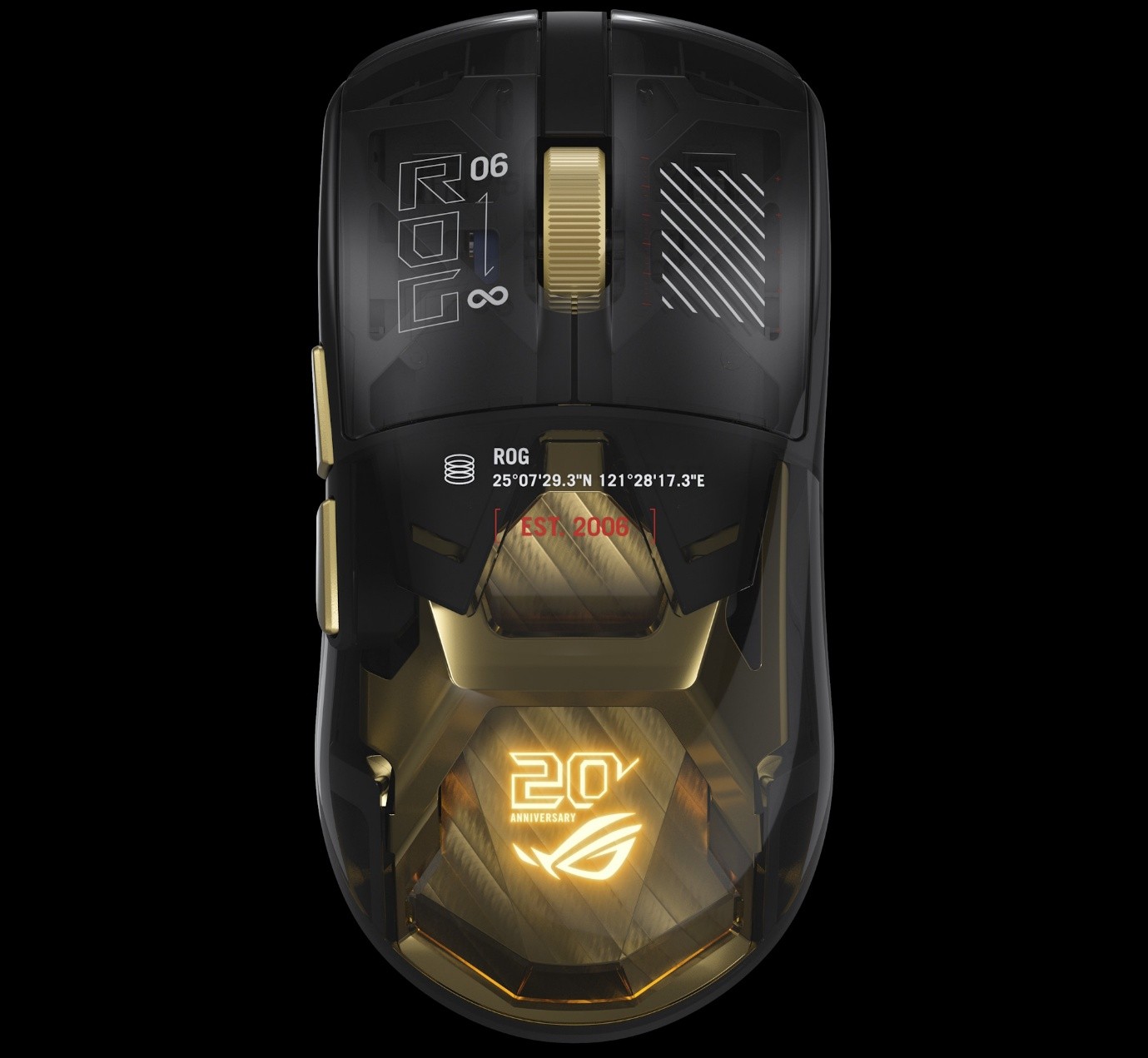 Die ROG Harpe II Extreme Edition 20 mit Blick von oben auf die goldene Platte im Inneren