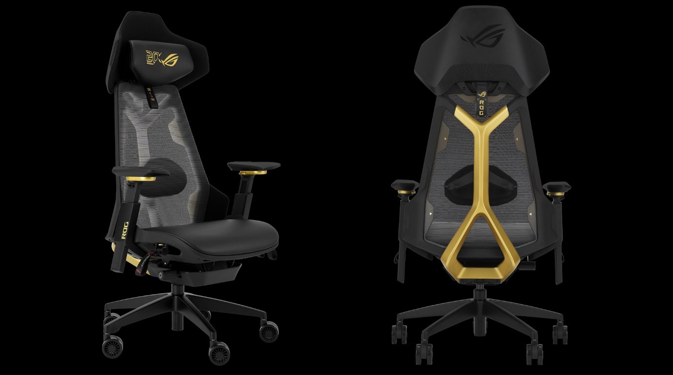 Zwei Bilder des ROG Destrier Edition 20 Gaming-Chairs von vorne und hinten