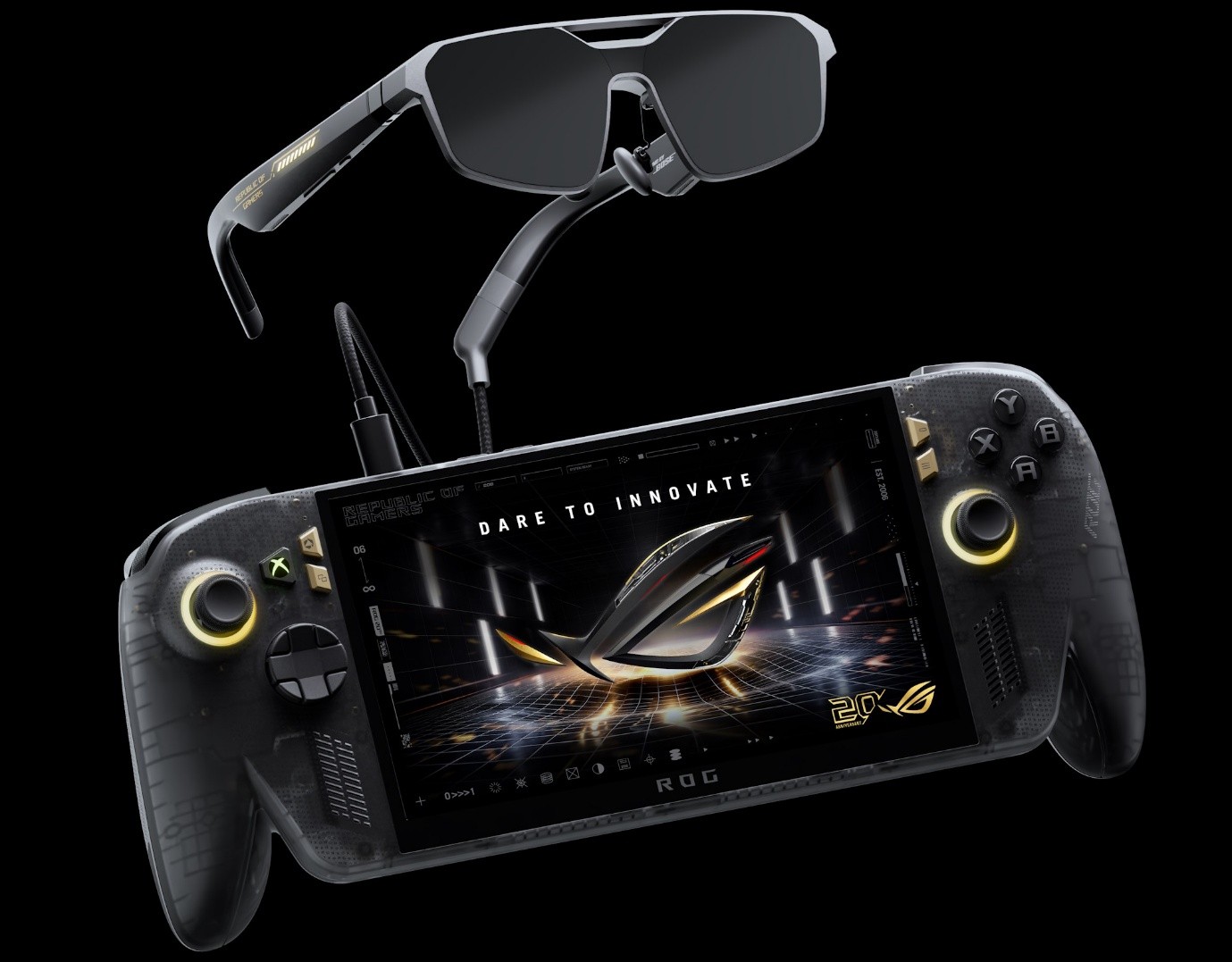 Das Handheld-Bundle zum 20-jährigen Jubiläum von ROG, bestehend aus einer ROG XBOX Ally X und einer ROG XREAL R1 Brille.