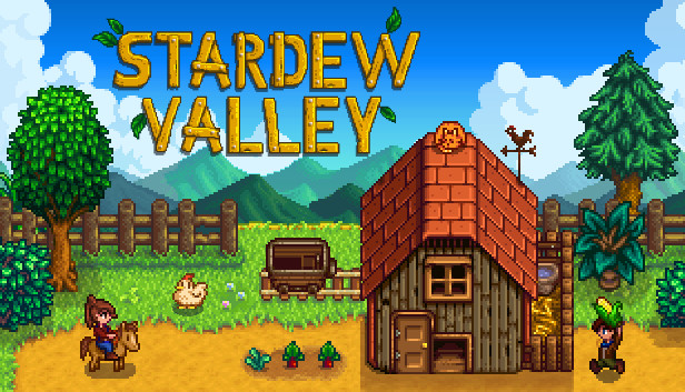 Logo do jogo Stardew Valley em cenário pixel art de uma fazenda com uma pequena casa de madeira, personagens e animais.