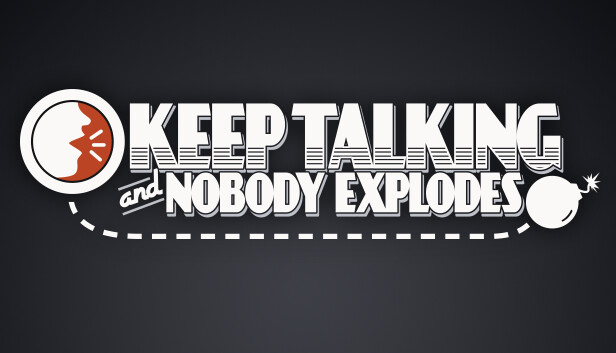 Logotipo do jogo Keep Talking and Nobody Explodes em fundo preto, com desenhos de um balão de fala e uma bomba acesa.