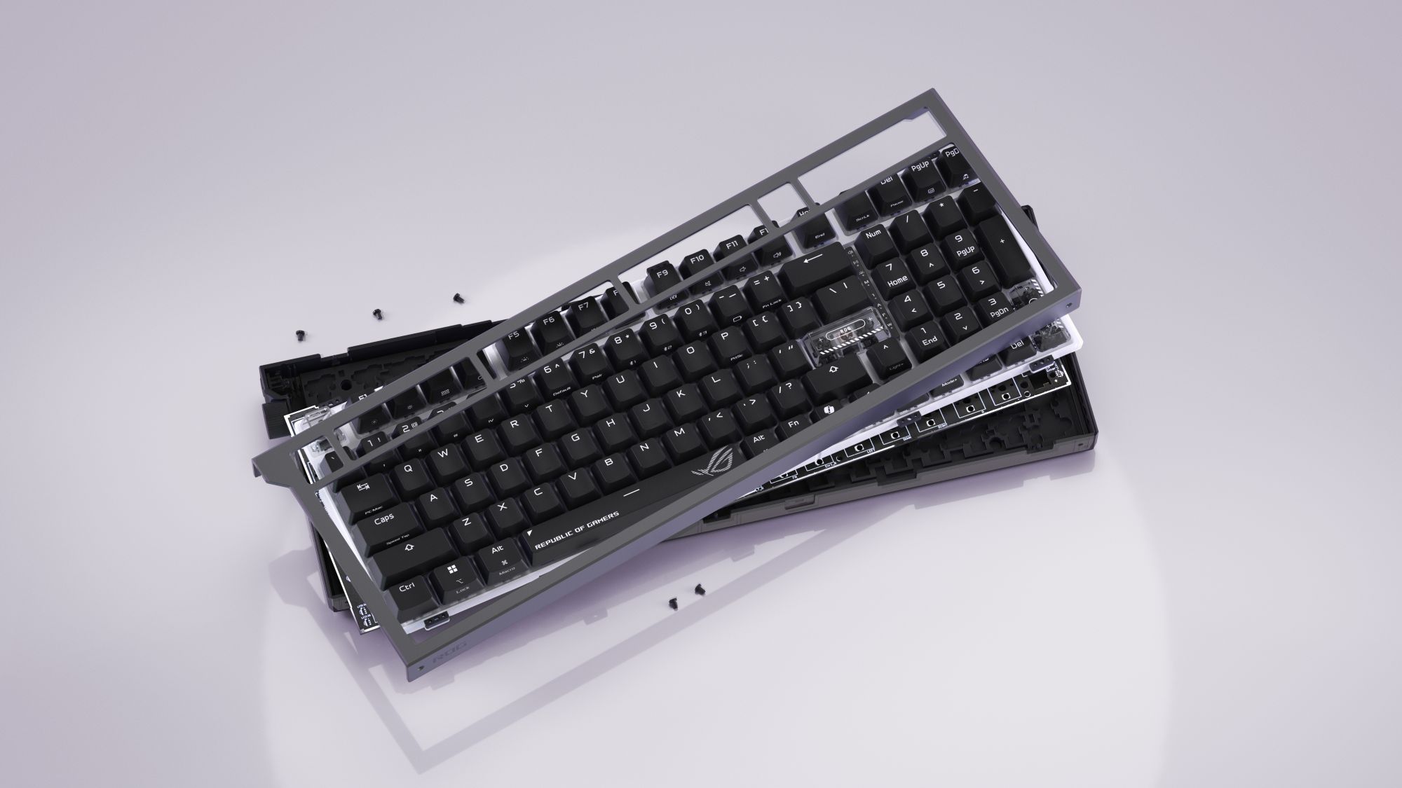 Eine auseinandergeschraubte ROG Strix Morph 96 Wireless mit dem praktischen Top-Down-Design, zur einfachen Anpassung