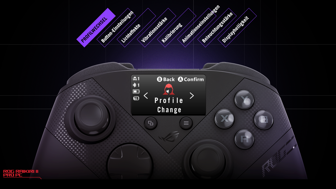 Ein frontaler Blick auf das vollfarbige Display mit Option zum Profilwechsel des Profi-Gamepads ROG Raikiri II Pro PC Controller
