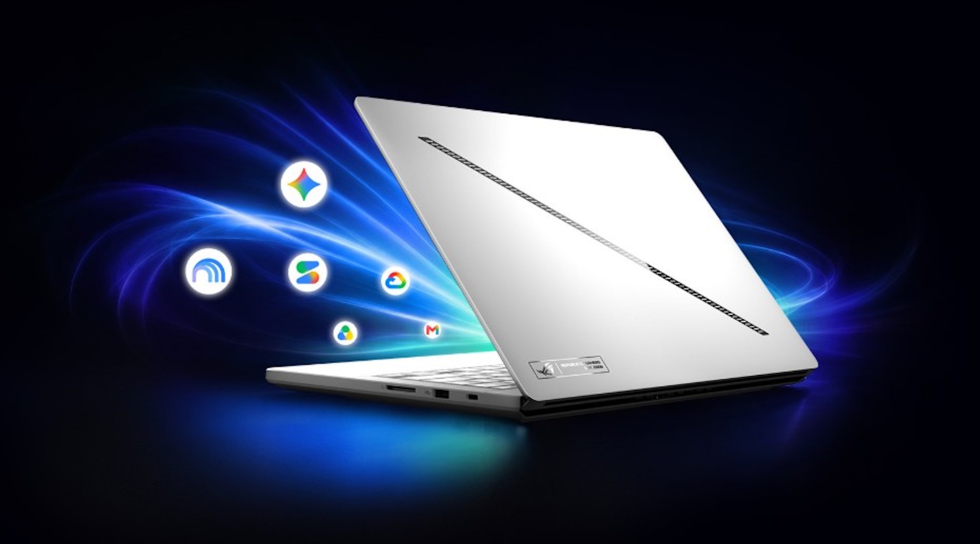 Image of a white ROG Zephyrus laptop with Google icons floating around the keyboard on a dark blue and black background
