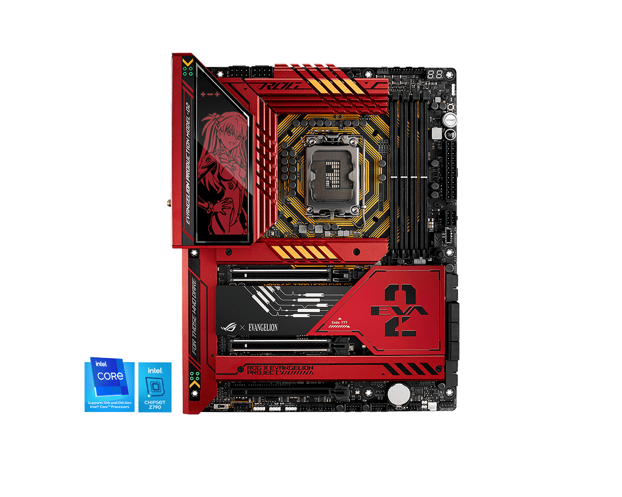 ROG MAXIMUS Z790 HERO EVA-02 EDITION vooraanzicht met Intel 12e/13e generatie en 790-logo's