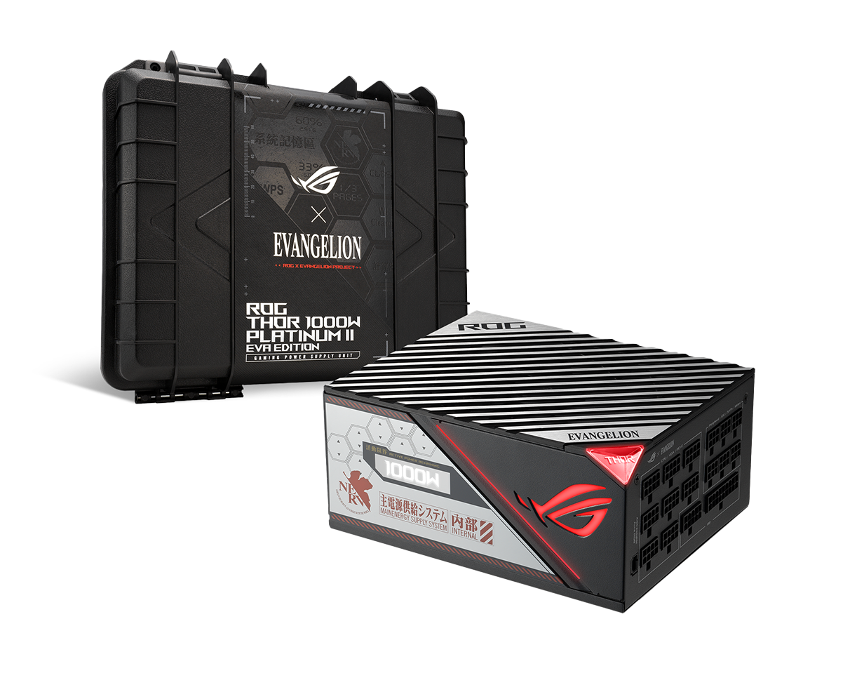 ROG Thor 1000W Platinum II EVA Edition 45 graden bovenaanzicht met exclusief verzamelboxpakket