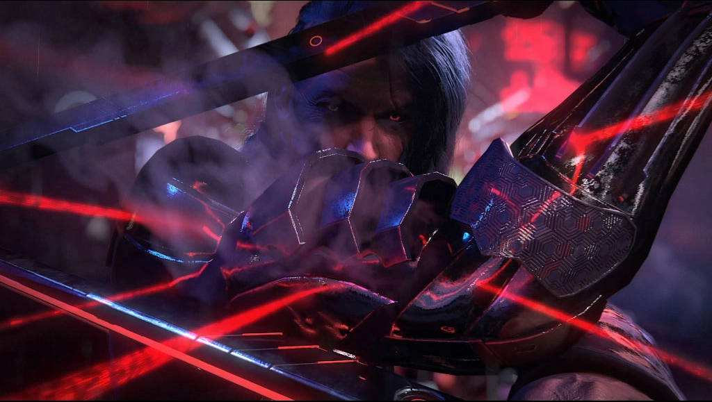 Close up image of AKIRA holding his sword slightly above his face.
