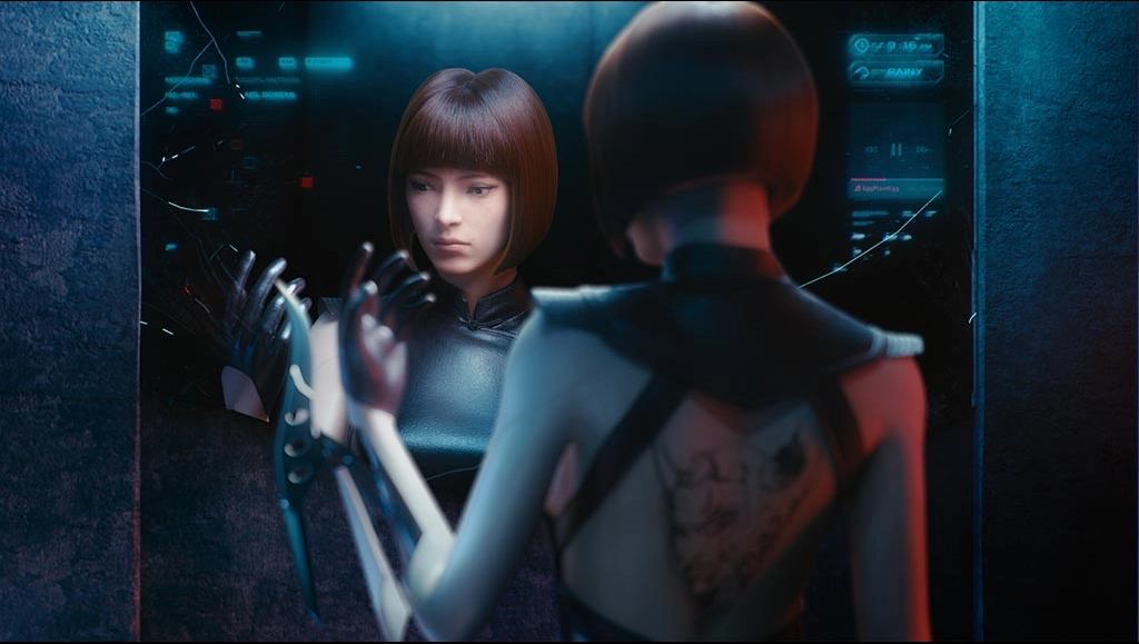 Image of SEVEN looking at the mirror, with a reflection of herself looking at her left hand