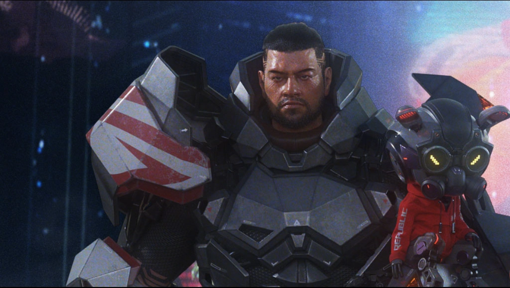 Image of GO looking in the front. OMNI sits right on his arm.