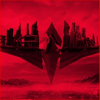 Image of a vertical floating cone with two triangular buildings next to it.
