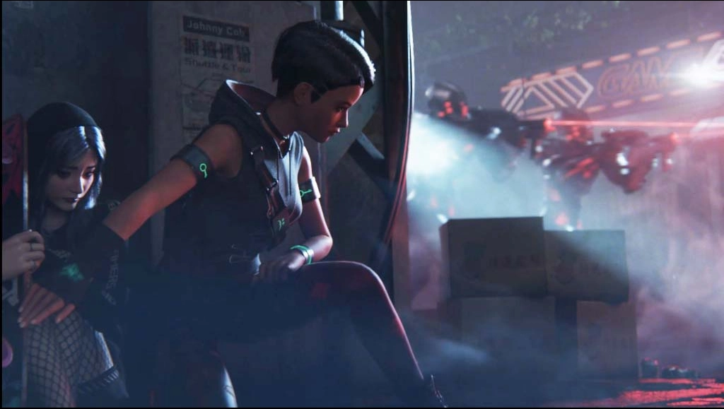 Image of AchT dogding attacks from the enemies. There is a little girl sitting on the left, who is under AchT's protection.