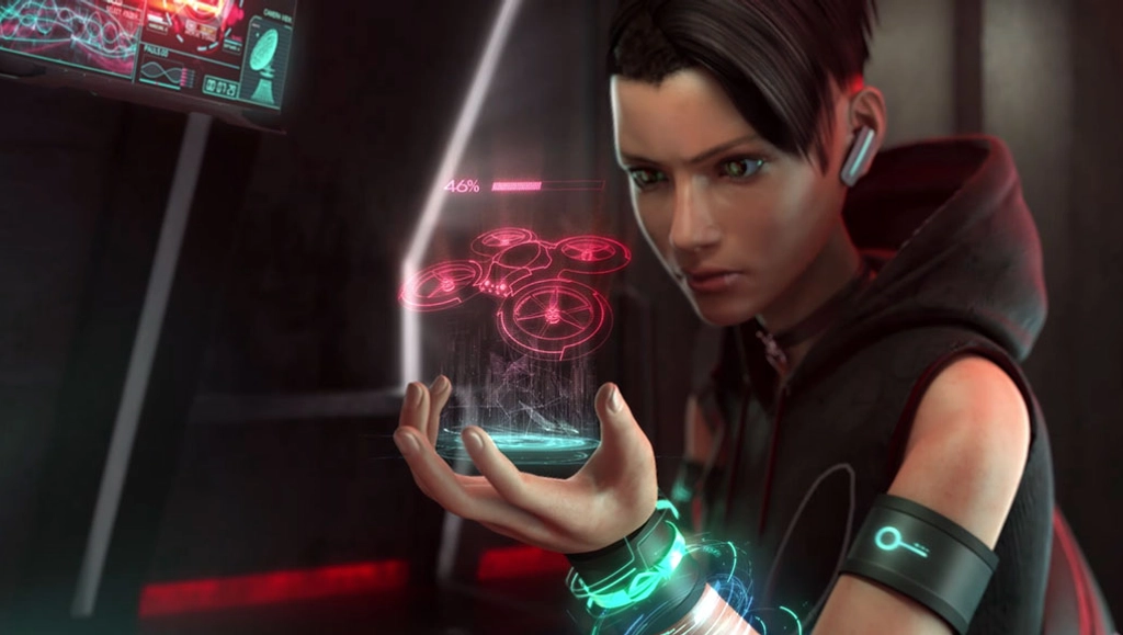 Image of AchT looking at a digitial image of a drone on her left hand.