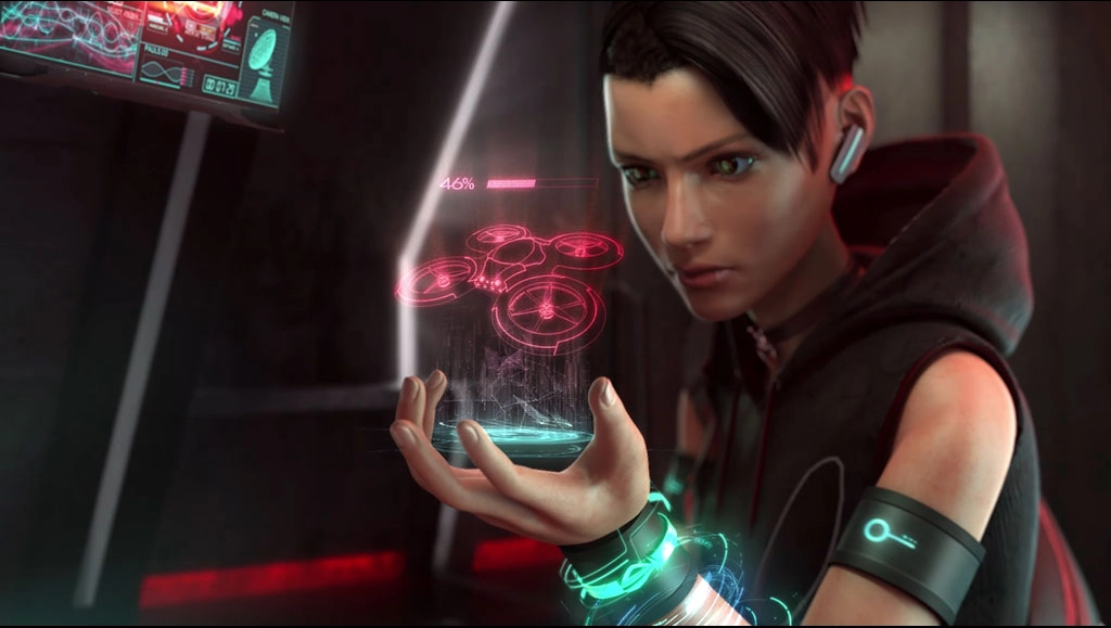 Image of AchT looking at a digitial image of a drone on her left hand.