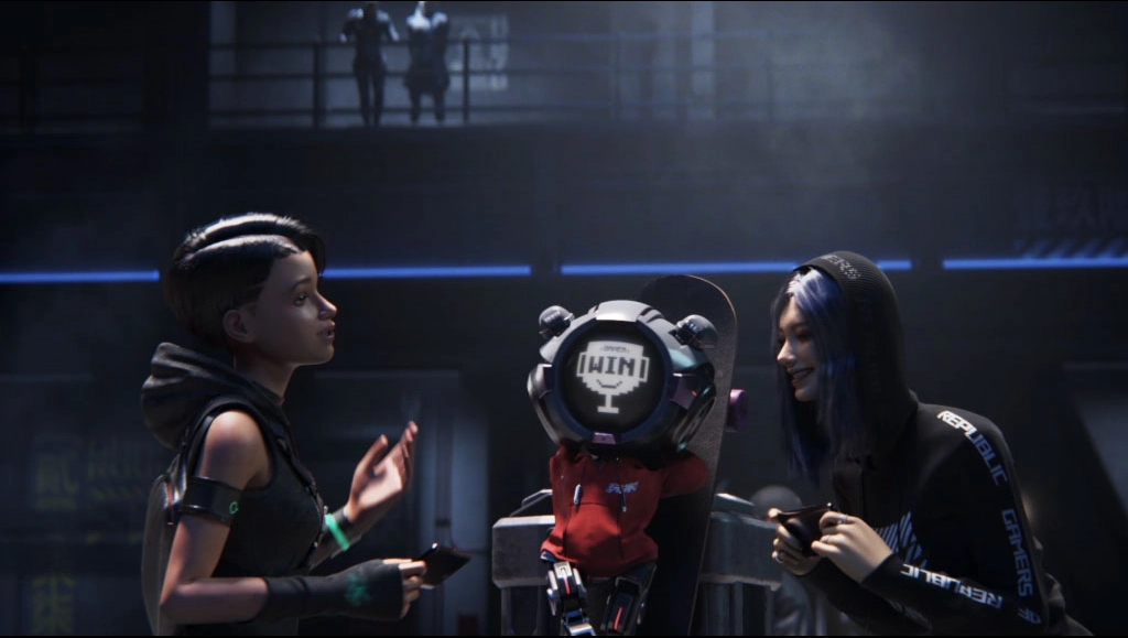 Image of AchT and her girl's friend playing games on their mobile phones. OMNI leans back on his skateboard with an image of trophy displaying on his face.