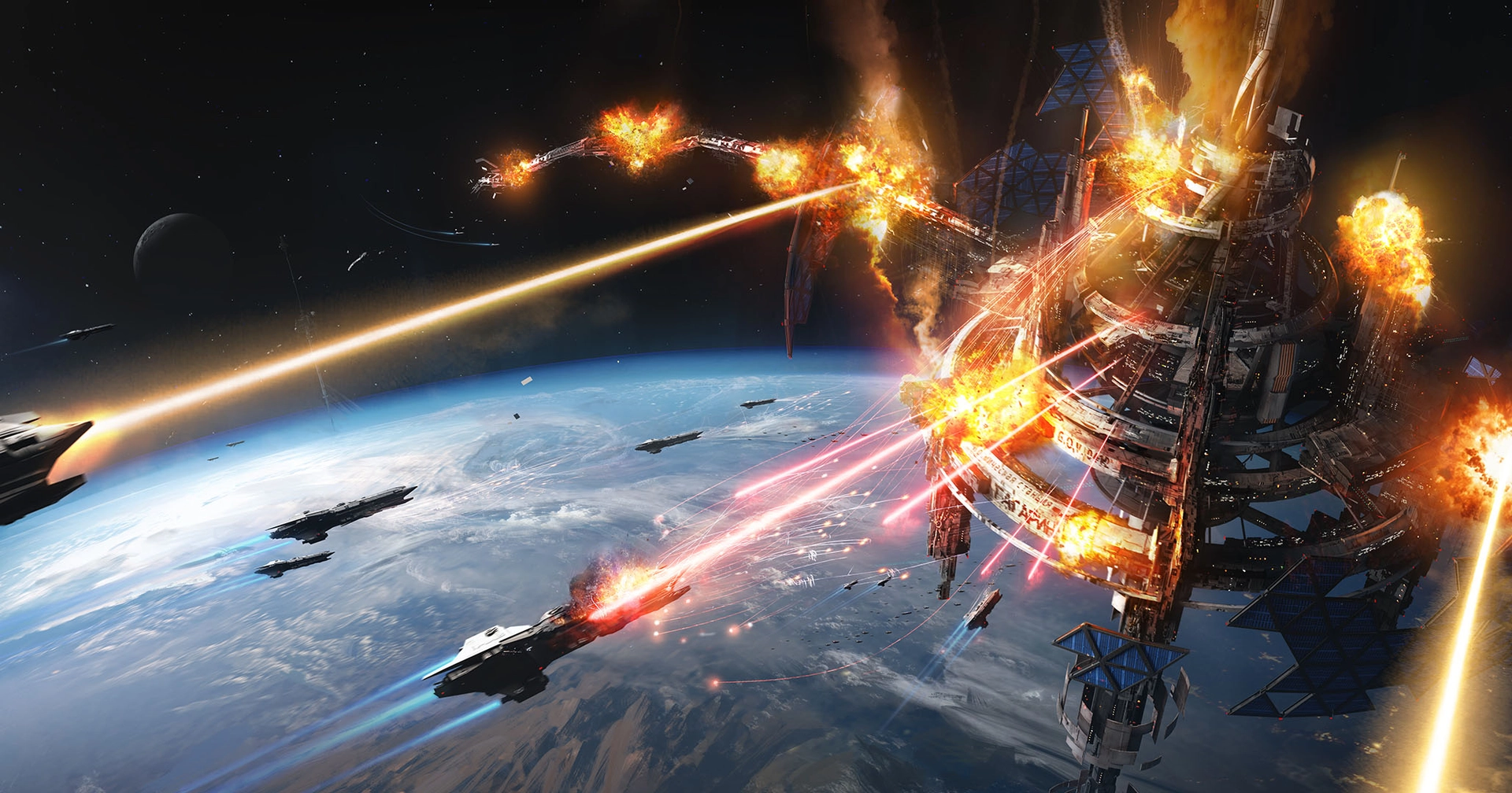 A background of the earth, with jets firing missles towards a flagship.