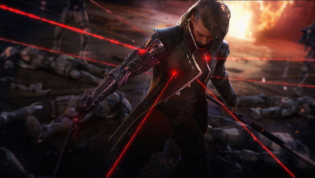 Image of AKIRA looking down the floor, with some red laser pointers aiming at him.