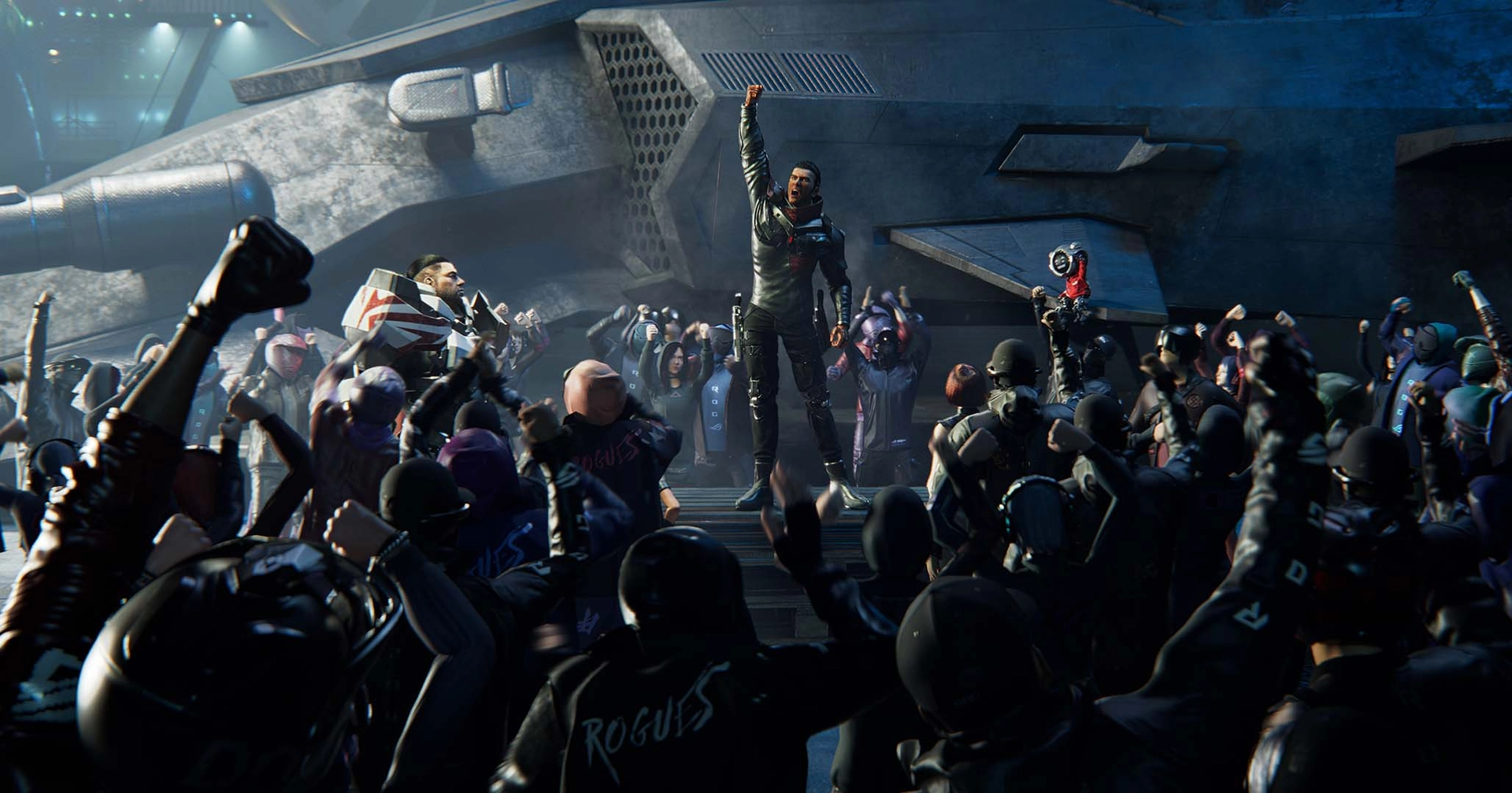 3D render of a group of people chanting in the background.