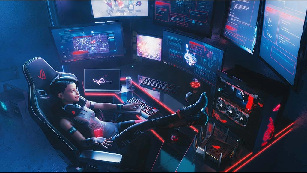Image of AchT sitting on a chair and looking at eight monitors, with her legs crossed on the table.