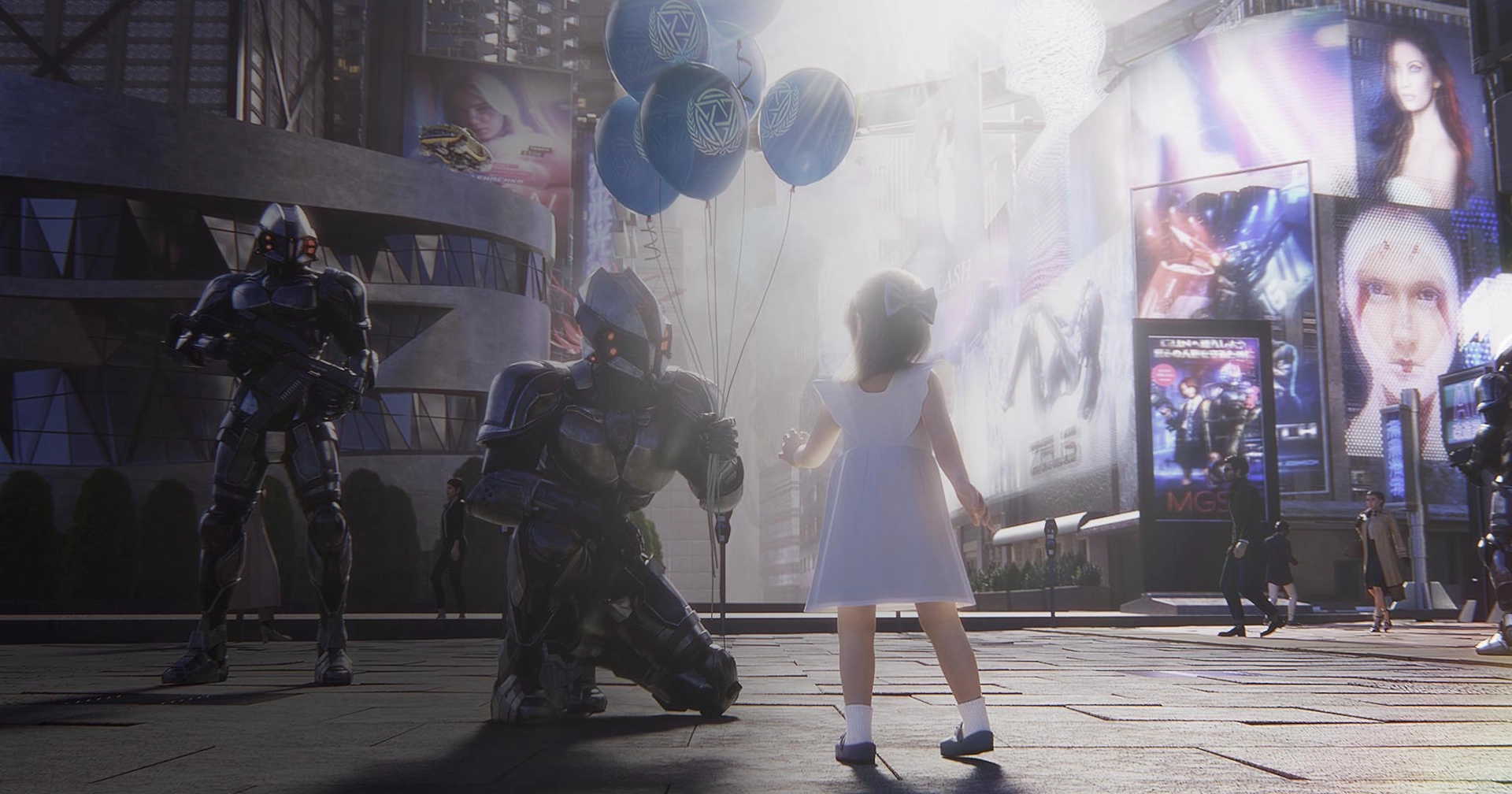 3D render of a solider holding a pack of ballons to a young girl