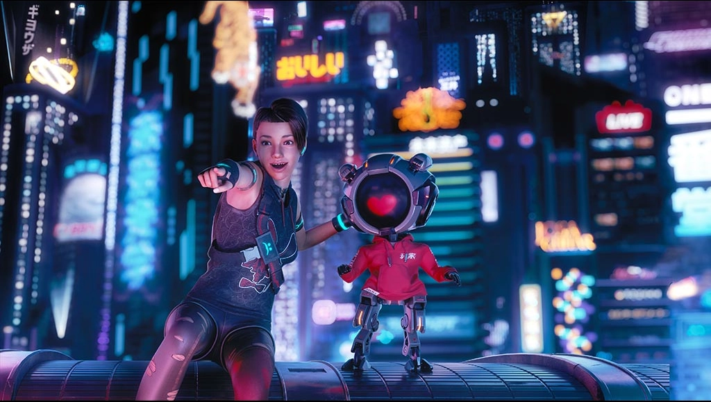 Image of AchT and OMNI looking at an object. A heart emoji displays on OMNI's face.