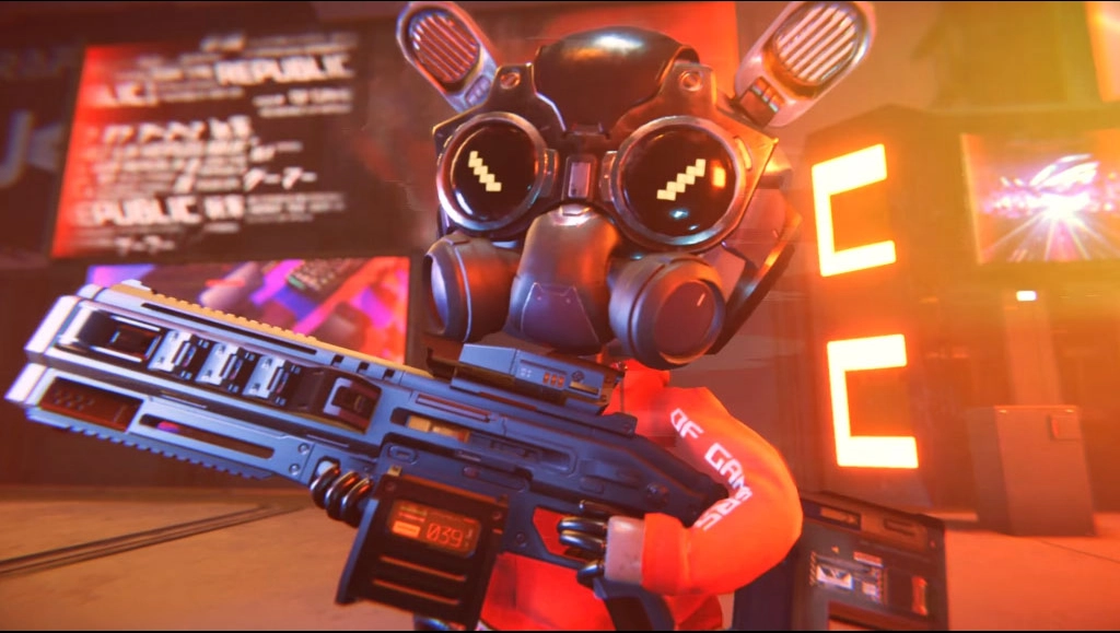 Image of OMNI holding a rifle for a battle.
