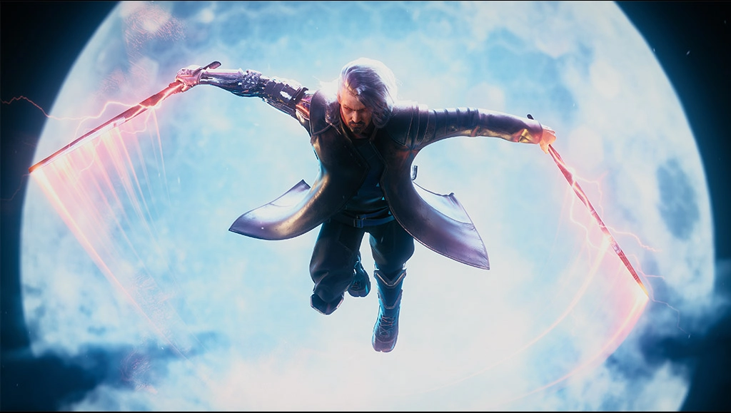 Image of AKIRA jumping in the air with two swords on both hands.