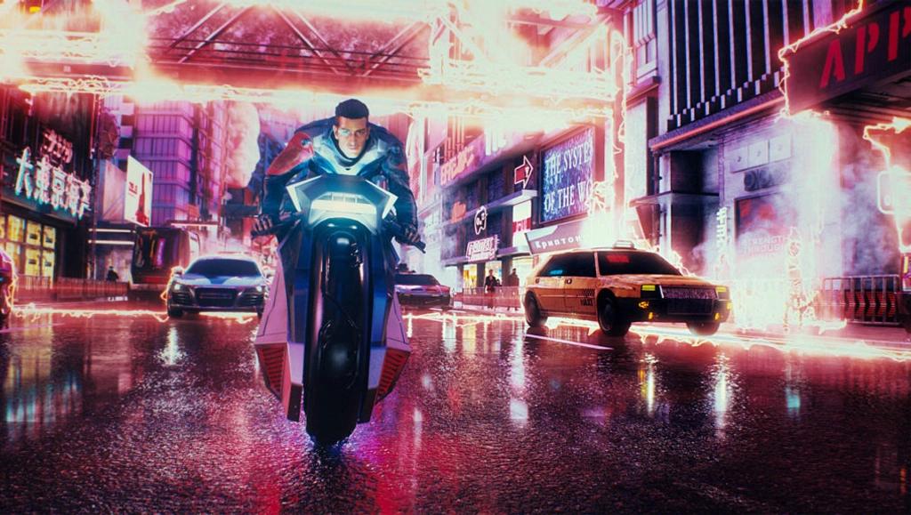 Image of HORSEMAN ridig on his cybercycle on the street, with police cars and a yellow cab following behind him.