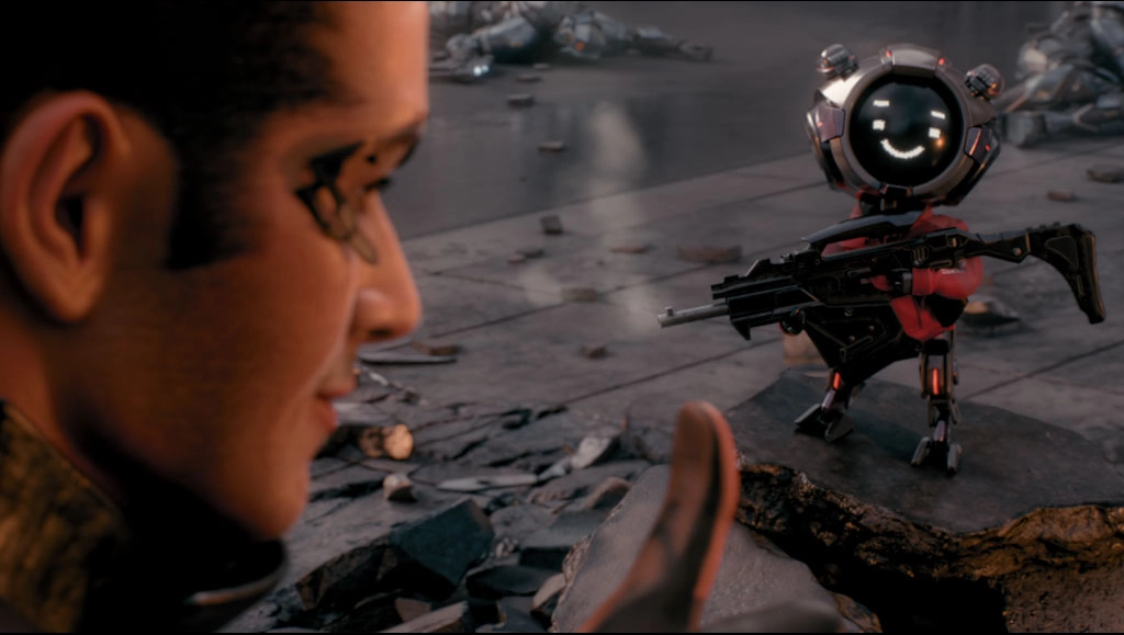 Image of OMNI and HORSEMAN looking into each other. OMNI is armed with a rifle.