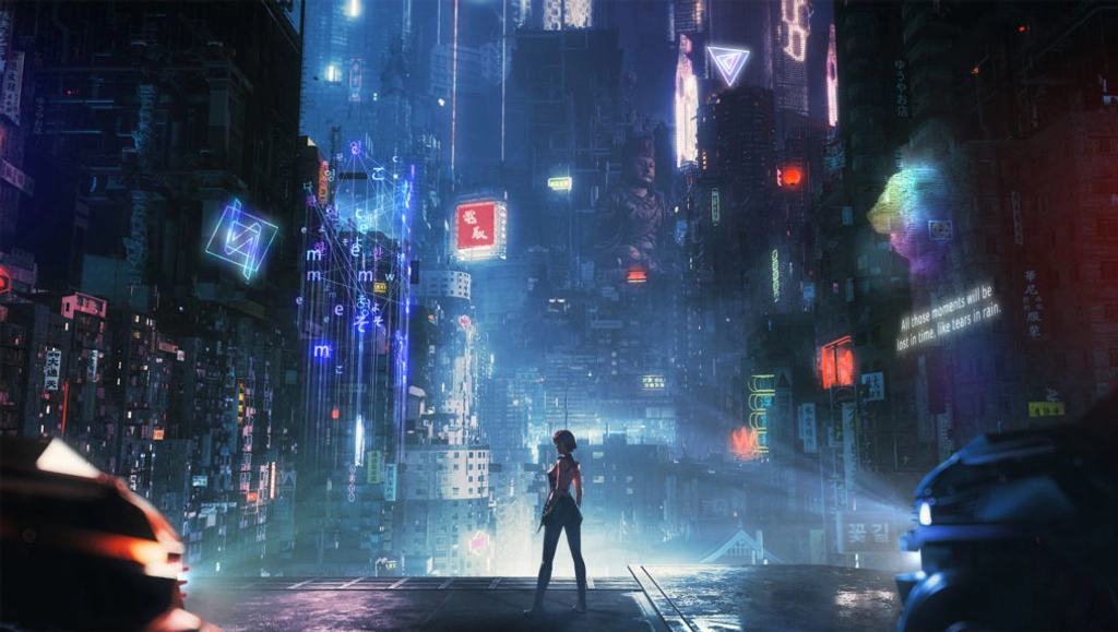 Image of SEVEN looking back at the frame. She stands on the street surrounded with skyscrapers at night.