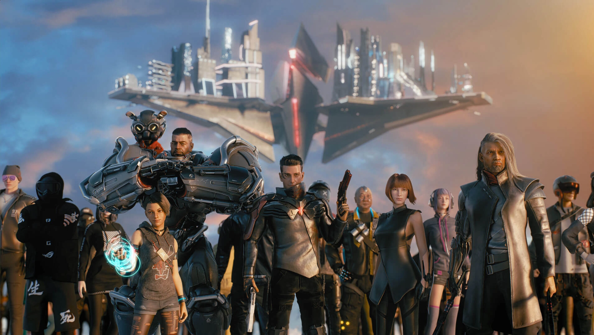Image of AchT, OMNI, GO, HORSEMAN, SEVEN, AKIRA, and a group of Gamers in the frame. Lapuntu is floating in the background.