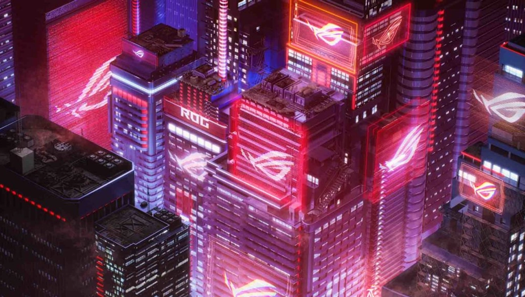 Image of cityscapes filled with ROG logos.