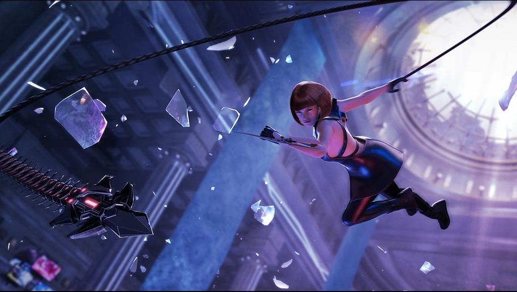 Image of SEVEN jumping in the air and slapping her whip towards the left.