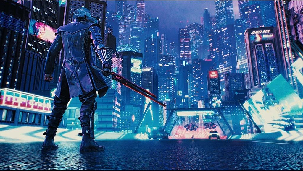 Image of AKIRA standing on a bridge. Two cars and two drones move towards him.