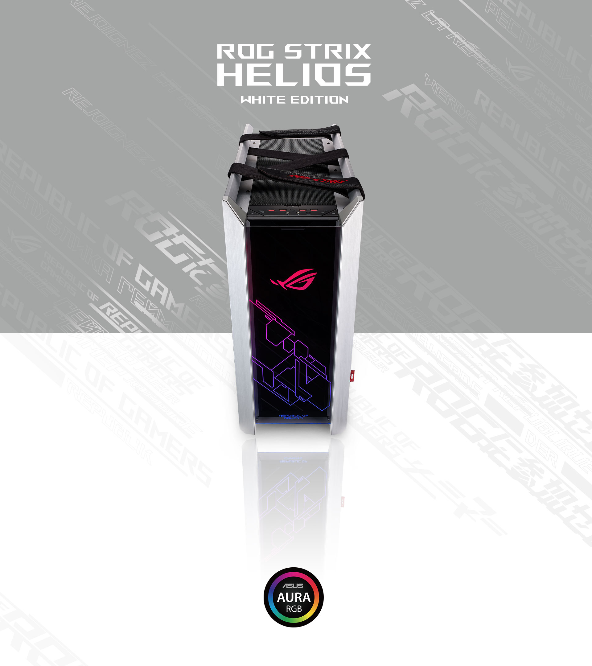 ROG Strix Helios White Edition Draufsicht und Aura RGB-Logo